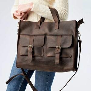 Leather work bag woman large, Laptop work bag women, Laptop work tote women, Laptop messenger bag women, Shoulder laptop bag pockets