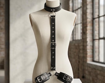 Ensemble collier et menottes en cuir, tour de cou et laisse en cuir, collier avec laisse pour homme, collier en cuir pour femme, collier ras de cou et laisse