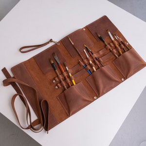 Artist roll up, Leather pencil roll, Brush roll up, Paint brush case, Pencil roll case, Leather pencil case holder, Gifts for painters