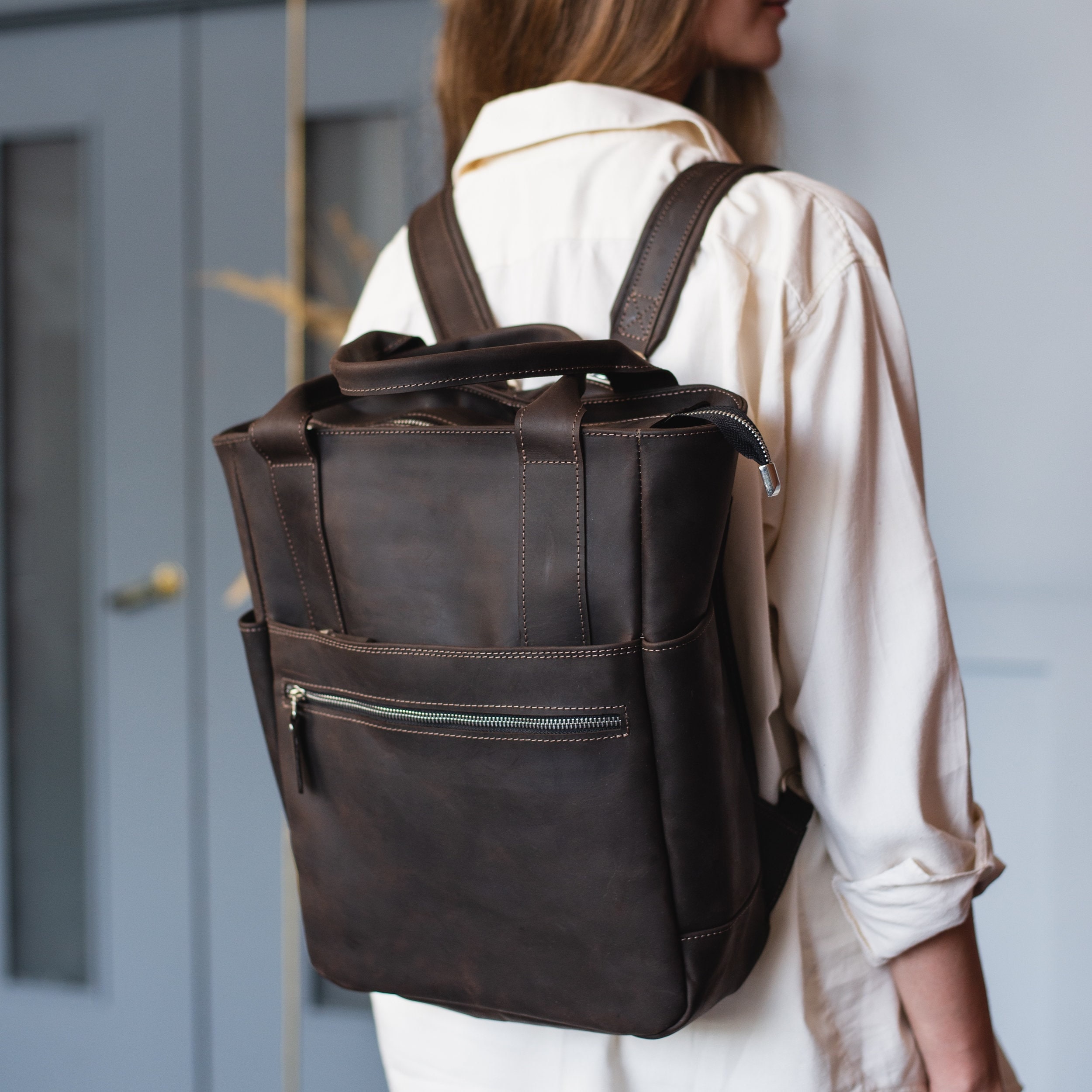 Laptop backpack leather, Convertible backpack purse, Brown backpack, Leather backpack rucksack, Convertible backpack side bag