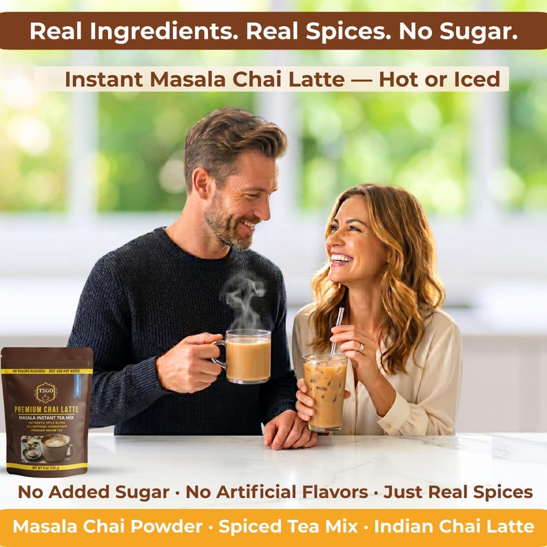 A cozy lifestyle scene of a happy couple sitting on a couch, smiling and sharing a warm moment with mugs of T2GO Masala Chai. The soft, warm lighting emphasizes a wellness-focused daily ritual. A text overlay reads: "Real Ingredients. Real Spices. No Sugar. Instant Masala Chai Latte – Hot or Iced." This visual positions the product as a healthy, keto-friendly, and diabetic-friendly coffee alternative for those seeking authentic spice without the calories.