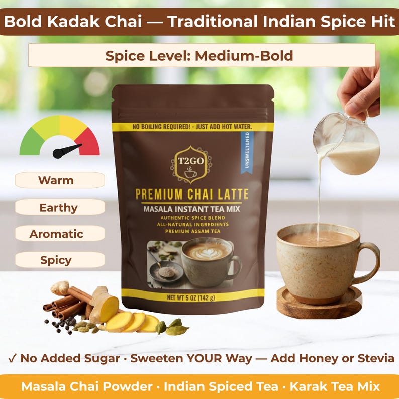 Infographic titled "Bold Kadak Chai – Traditional Indian Spice Hit." A graphic meter shows the "Spice Level" at Medium-Bold. Text notes include descriptions like "Warm," "Earthy," and "Aromatic." Small images of the specific spice blend—clove, cardamom, and black pepper—illustrate the robust flavor profile. This helps shoppers understand the strong, authentic taste of this unsweetened chai compared to milder coffee-shop versions.