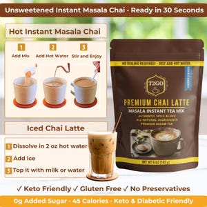 Infographic titled "Unsweetened Instant Masala Chai – Ready in 30 Seconds." It shows two preparation methods. Hot: Add 1 heaping scoop of powder to 6 oz of hot water and stir. Iced: Dissolve in 2 oz of hot water, then top with ice and cold milk. The graphic highlights the "Tea To Go" (T2GO) convenience for busy lifestyles, the office, or travel. Icons at the bottom emphasize the mix is Keto Friendly, Gluten-Free, and contains No Preservatives.