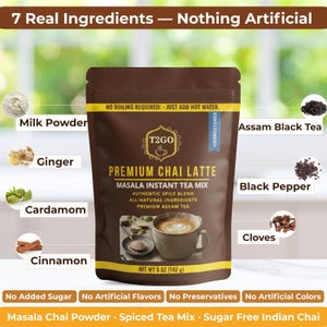 A beautiful visual spread titled "7 Real Ingredients – Nothing Artificial." A central bowl of the tea powder is surrounded by raw components: Premium Assam Black Tea, milk powder, ginger, cardamom, black pepper, cinnamon, and cloves. This flat-lay emphasizes the "Kadak" (strong) spice profile and the use of authentic, whole-food ingredients. It reinforces the brand's commitment to quality and traditional Indian Masala Chai flavors.