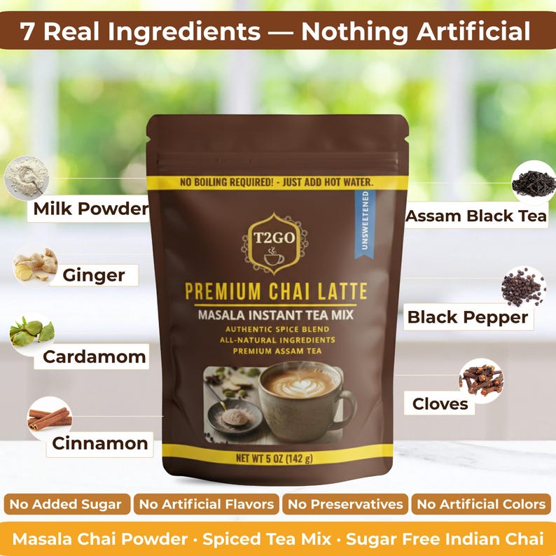 A beautiful visual spread titled "7 Real Ingredients – Nothing Artificial." A central bowl of the tea powder is surrounded by raw components: Premium Assam Black Tea, milk powder, ginger, cardamom, black pepper, cinnamon, and cloves. This flat-lay emphasizes the "Kadak" (strong) spice profile and the use of authentic, whole-food ingredients. It reinforces the brand's commitment to quality and traditional Indian Masala Chai flavors.