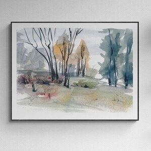Single printable wall art Autumn Trees in Fall Earthy Colors, Nature Watercolor Painting, Abstract Landscape Wall Decor, Trees Wall Print