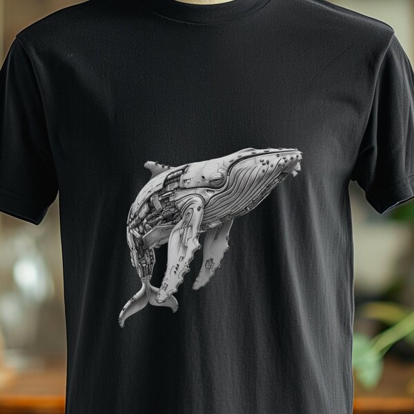 Mech Whale T Shirt, Cyborg Animal for Robot Lover, Gift for Tech Enthusiast, Futurist Humpback Whale Top, Ocean Themed Tee Marine Fan Gift