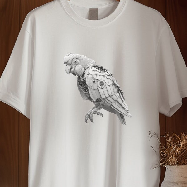 Mech Parrot T Shirt, Cyborg Animal for Robot Lover, Gift for Tech Enthusiast, Futurist Macaw Top, Forest Themed Tee