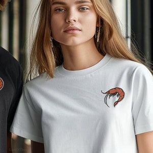 Embroidered Shrimp T Shirt: Unique Ocean Inspired Top, Beach Themed Tee, Crustacean Enthusiast, Perfect for Seafood Lover, Cute Gift Idea