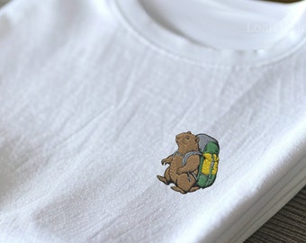 Embroidered Groundhog Hiking T Shirt For Nature Lover, Animal-Themed Tee, Unique Line Art Design, Cute Gift For Wildlife Enthusiast