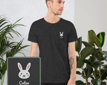 White Rabbit Tee Shirt, Embroidered Bunny Rabbit, Personalized Embroidered Bunny, 100% Organic Cotton, Vegan And Ethic T-Shirt