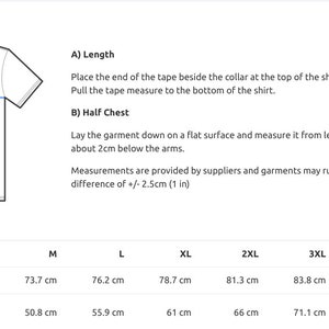 May include: Size guide for a t-shirt with measurements in centimeters and inches for different sizes: S, M, L, XL, 2XL, 3XL, 4XL, and 5XL. Measurements include length and half chest.