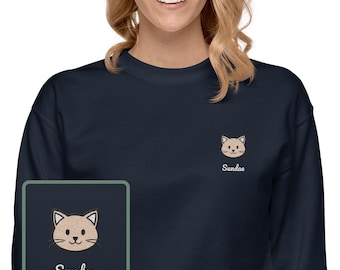 Cream Cat Gift, Custom Embroidered Cat Sweater, Embroidery Sweatshirt Cat, 100% Organic Cotton, Vegan And Ethic Sweatshirt