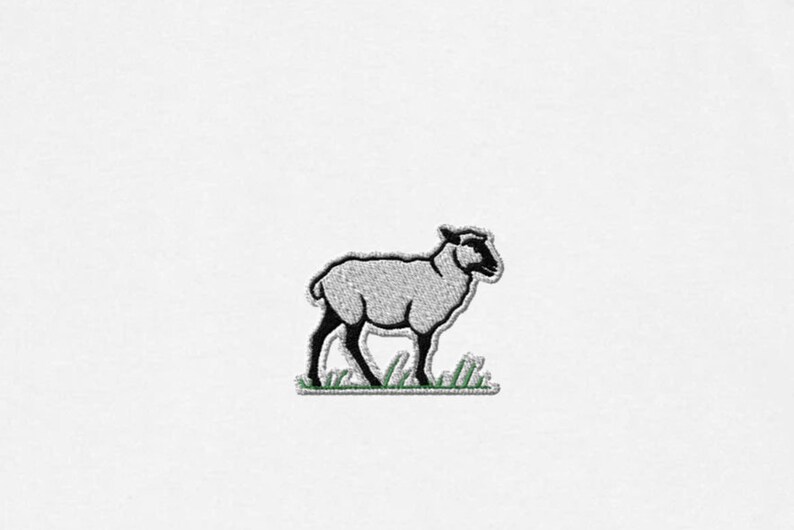 May include: A white sheep with black outlines stands on a patch of green grass.