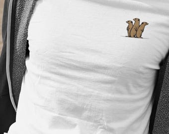 Embroidered Meerkat 100% Organic Cotton Unisex Customizable T-shirt. Vegan and ethical T shirt. Adult, Children, and Baby sizes.