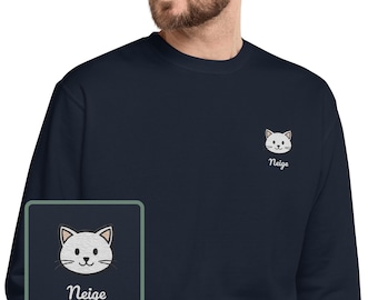 Custom Embroidered Cat Sweater, Pure White Cat, White Cat Outfit, 100% Organic Cotton, Vegan And Ethic Sweatshirt