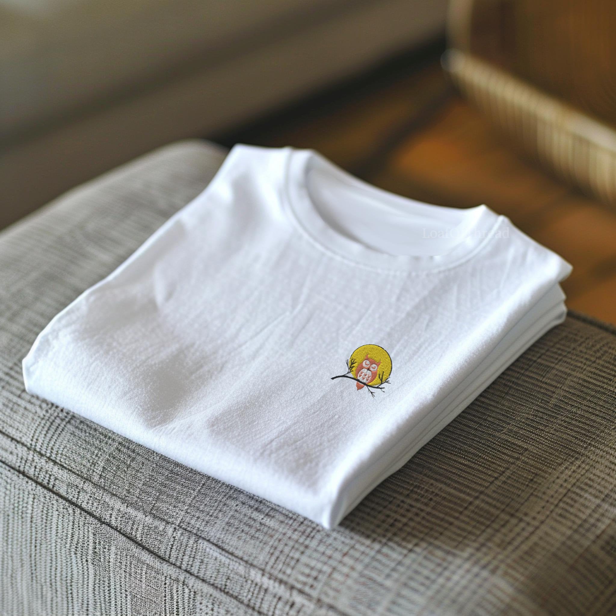 Embroidered Owl TShirt for Nature Lovers, Nocturnal Animal Themed Casual Tee, Unique Line Art Design