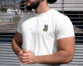 Embroidered Raccoon in a Trashcan 100% Organic Cotton Unisex Customizable T-shirt. Vegan and ethical T shirt. Adult, Children and Baby sizes