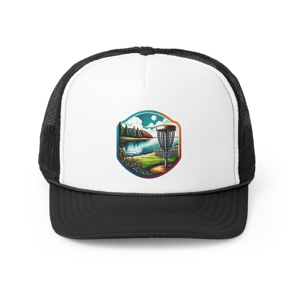 Disc Golf Hat - Scenic Disc Golf Basket and Lake Scene- Trucker Hat - Trucker Caps