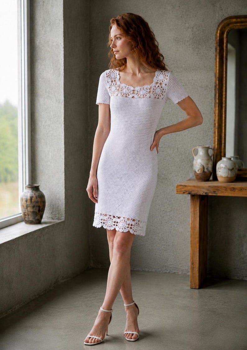 May include: A white crochet dress with a square neckline and short sleeves. The dress features a detailed crochet pattern around the neckline and hem. The model is wearing white high-heeled sandals.