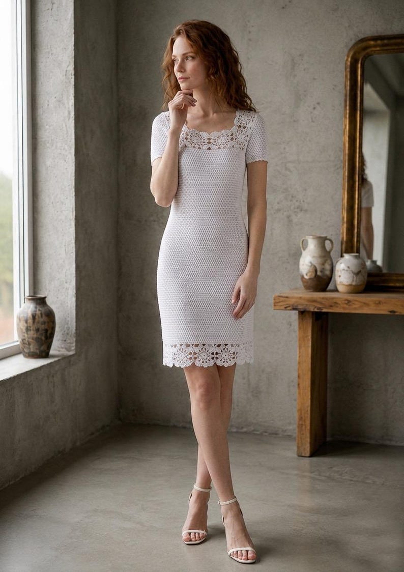 May include: A white crochet dress with a square neckline and short sleeves. The dress features a scalloped hem and a fitted silhouette. The model is wearing white sandals. The background includes a window, a mirror, and a wooden table with vases.
