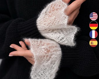 Fluffy Mohair Lace Cuffs Knitting Pattern | Elegant Wrist Warmers | Lace Knit Fingerless Luminair Cuffs | Instant Download PDF