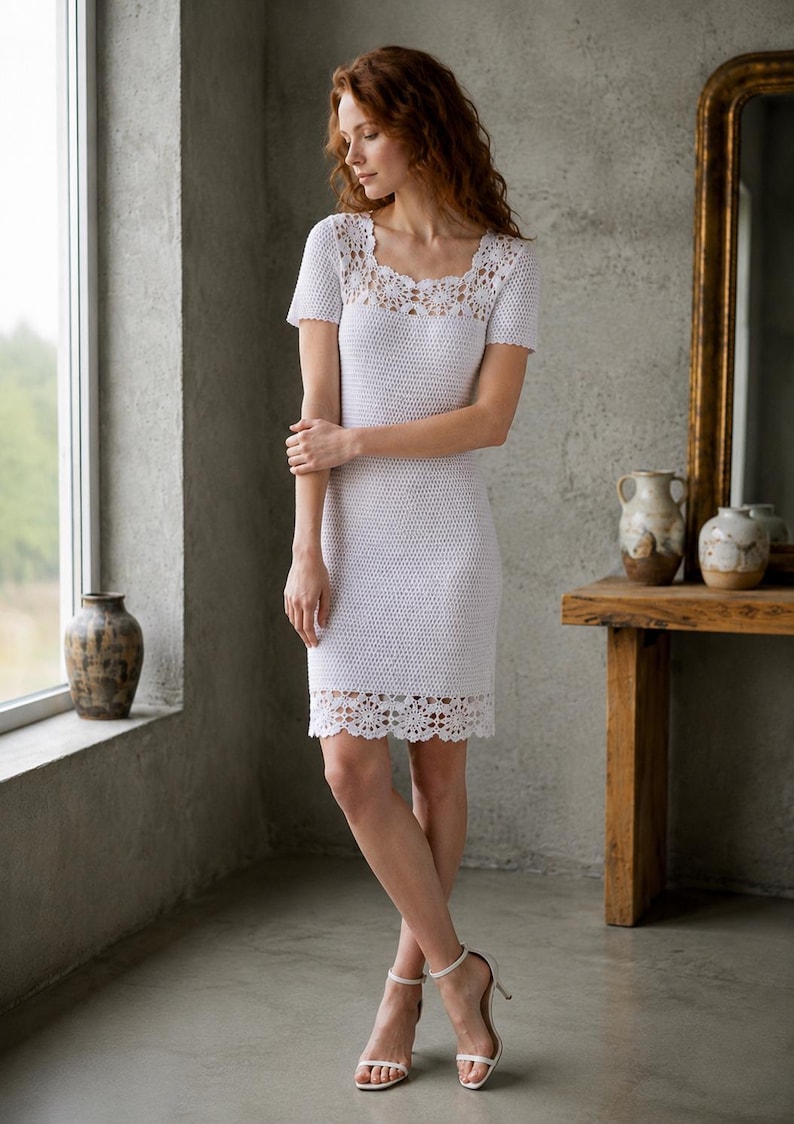 May include: A white crochet dress with a square neckline and short sleeves. The dress features a decorative lace trim at the neckline and hem. The woman is wearing white high-heeled sandals. The dress is knee-length.