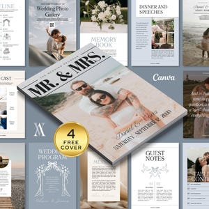 Puede incluir: Una colección de plantillas de programas de boda con un enfoque central en una portada con el tema "Mr. & Mrs.". El diseño incluye varios diseños para detalles de la boda, notas de los invitados y galerías de fotos. La portada presenta una pareja con la fecha de la boda.