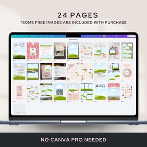 The image features a laptop screen displaying a Canva interface with a 24-page Mother Magazine Template. Text overlays highlight "24 Pages" and "No Canva Pro Needed." The template features various customizable design elements suitable for creating a personalized magazine for Mother's Day.