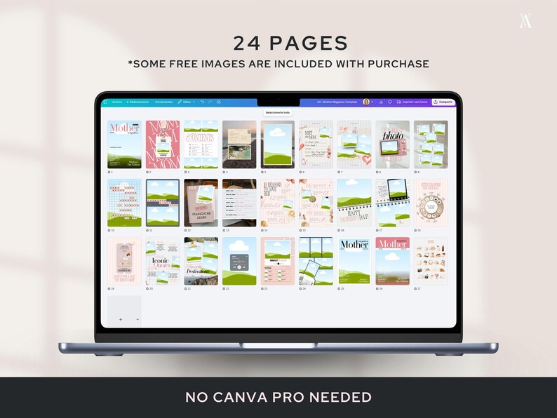 The image features a laptop screen displaying a Canva interface with a 24-page Mother Magazine Template. Text overlays highlight "24 Pages" and "No Canva Pro Needed." The template features various customizable design elements suitable for creating a personalized magazine for Mother's Day.