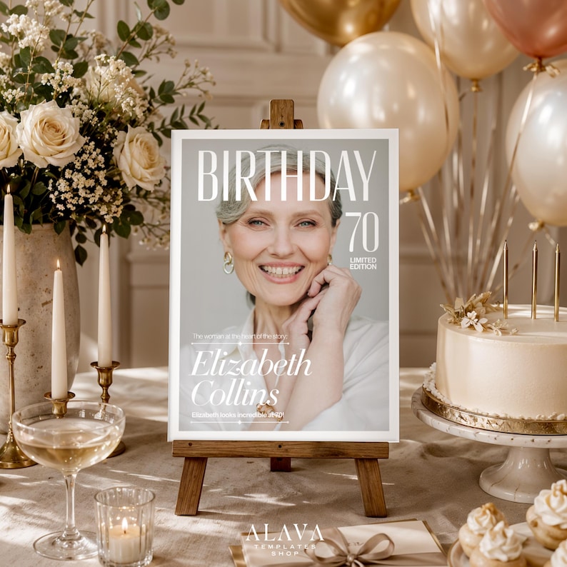 Puede incluir: Una portada de revista "Cumplea&ntilde;os 70" enmarcada con una mujer sonriente llamada Elizabeth Collins. La imagen se muestra en un peque&ntilde;o caballete de madera, con un pastel, cupcakes y flores en el fondo. Tambi&eacute;n se ven globos dorados y blancos.