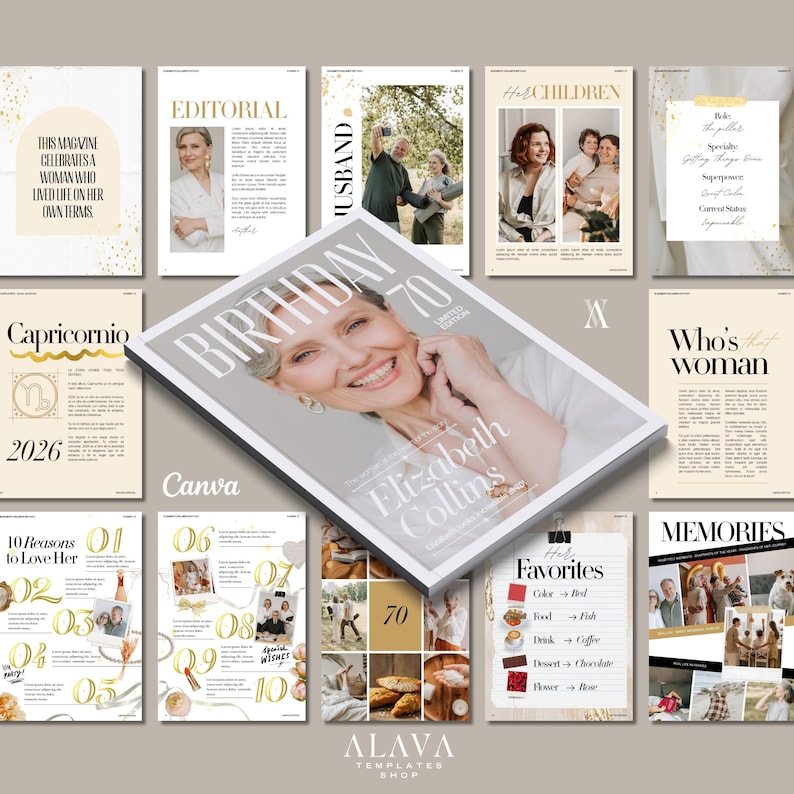 Puede incluir: Una portada de revista titulada "Cumplea&ntilde;os 70 Edici&oacute;n Limitada" con una mujer sonriente. Alrededor de la revista hay varias p&aacute;ginas con texto e im&aacute;genes, incluyendo "Editorial", "Husband" y "Memories". La revista es una plantilla de Canva.
