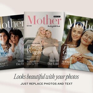 Personalized Mother magazine covers featuring customizable text and photos, perfect for creating a unique Mother's Day gift. The image shows three sample magazine covers titled "Mother," each featuring different family photo settings with customizable text. The style is elegant and professional, suitable for a heartfelt tribute to mothers.