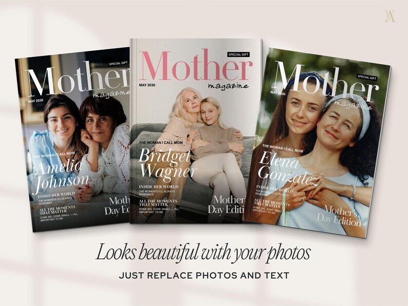 Personalized Mother magazine covers featuring customizable text and photos, perfect for creating a unique Mother's Day gift. The image shows three sample magazine covers titled "Mother," each featuring different family photo settings with customizable text. The style is elegant and professional, suitable for a heartfelt tribute to mothers.
