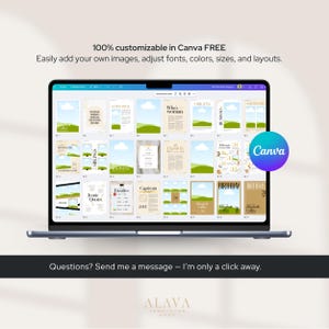 Puede incluir: Una pantalla de port&aacute;til que muestra una interfaz de dise&ntilde;o de Canva con varias plantillas de dise&ntilde;o de revistas. La pantalla muestra el texto: "100% personalizable en Canva GRATIS" y "Agregue f&aacute;cilmente sus propias im&aacute;genes, ajuste fuentes, colores, tama&ntilde;os y dise&ntilde;os."