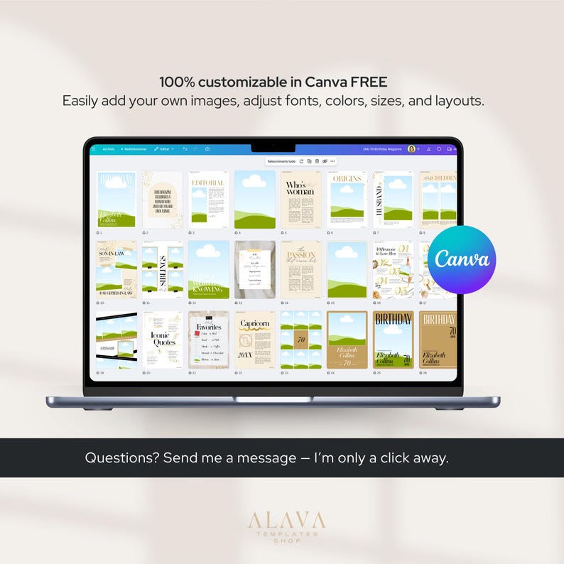 Puede incluir: Una pantalla de port&aacute;til que muestra una interfaz de dise&ntilde;o de Canva con varias plantillas de dise&ntilde;o de revistas. La pantalla muestra el texto: "100% personalizable en Canva GRATIS" y "Agregue f&aacute;cilmente sus propias im&aacute;genes, ajuste fuentes, colores, tama&ntilde;os y dise&ntilde;os."