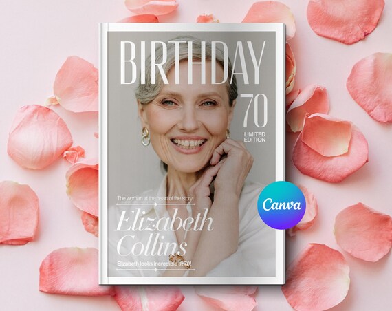 Birthday Magazine Template for Mom | Editable Canva Gift | Personalized Girly Birthday Keepsake | 70th Birthday Gift, Custom Magazine Layout