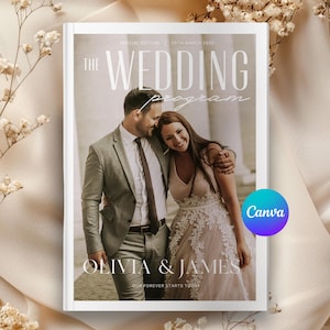 Modello di programma di nozze, itinerario di nozze moderno, modificabile su Canva, design minimalista, download digitale