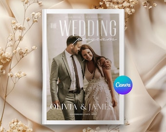 Plantilla moderna para programa de boda, itinerario minimalista, editable en Canva (descarga digital)