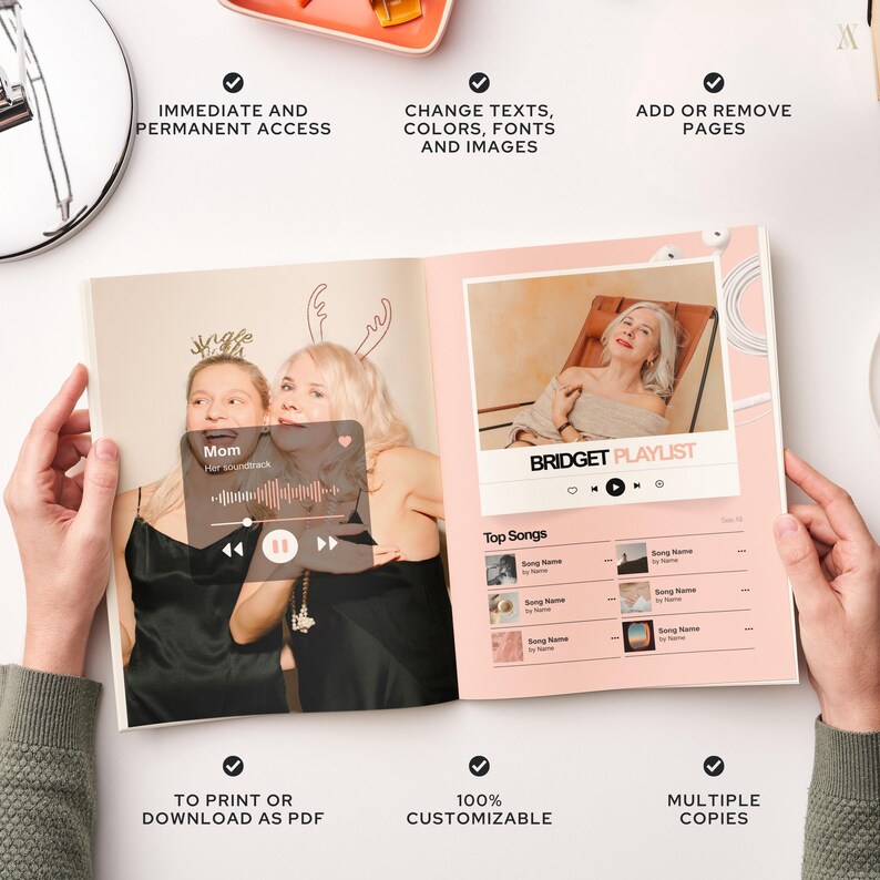 Customizable Mother's Day magazine template for Canva, featuring photos and playlists, ideal DIY keepsake gift. The image depicts a digital magazine template for Mother's Day with customizable features like photos and playlists, designed in soft colors for an elegant look.