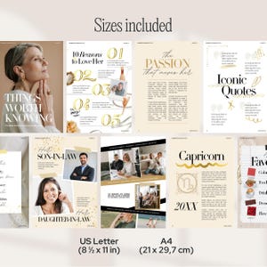 Puede incluir: Una colecci&oacute;n de p&aacute;ginas estilo revista con detalles dorados y beige. Las p&aacute;ginas incluyen texto como "Things Worth Knowing", "10 Reasons to Love Her" e "Iconic Quotes". La imagen tambi&eacute;n incluye el texto "US Letter (21,6 x 27,9 cm)" y "A4 (21 x 29,7 cm)."