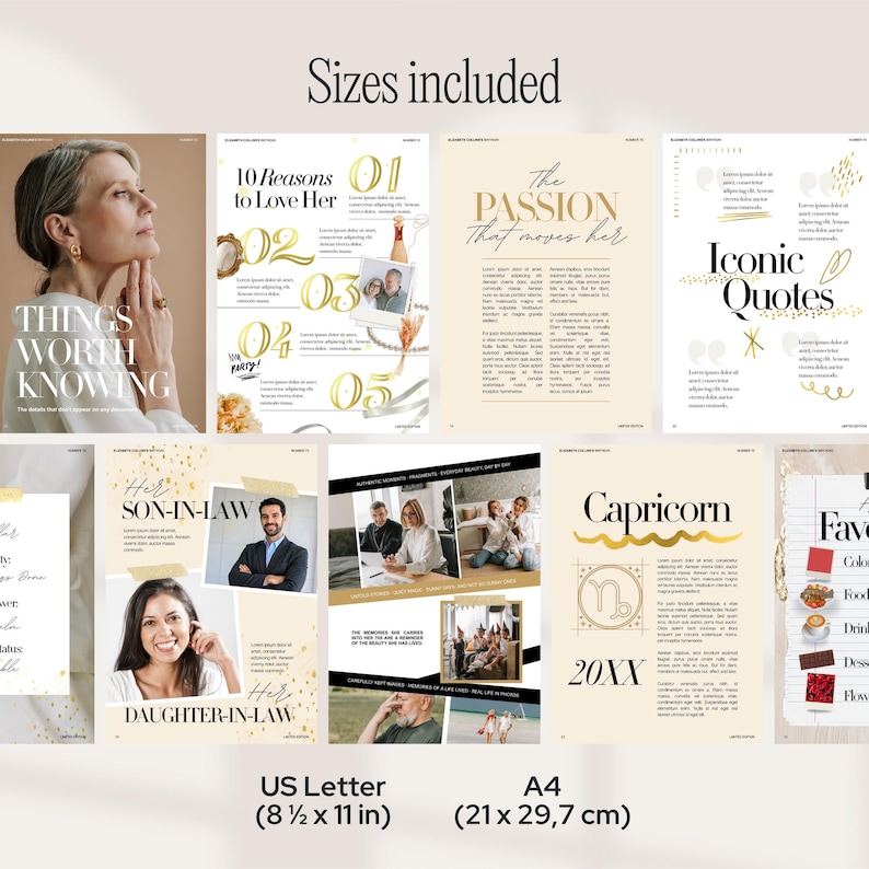 Puede incluir: Una colecci&oacute;n de p&aacute;ginas estilo revista con detalles dorados y beige. Las p&aacute;ginas incluyen texto como "Things Worth Knowing", "10 Reasons to Love Her" e "Iconic Quotes". La imagen tambi&eacute;n incluye el texto "US Letter (21,6 x 27,9 cm)" y "A4 (21 x 29,7 cm)."
