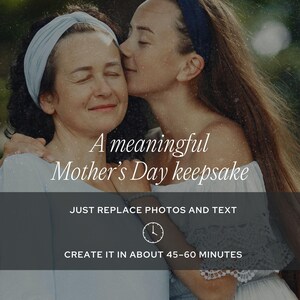 Mother and daughter embracing, with overlay text about creating a heartfelt Mother's Day magazine. The image features a mother and daughter embracing in a gentle, heartfelt moment. The text overlay highlights the ease of creating a Mother's Day keepsake magazine with customizable elements, emphasizing simplicity and personalization.