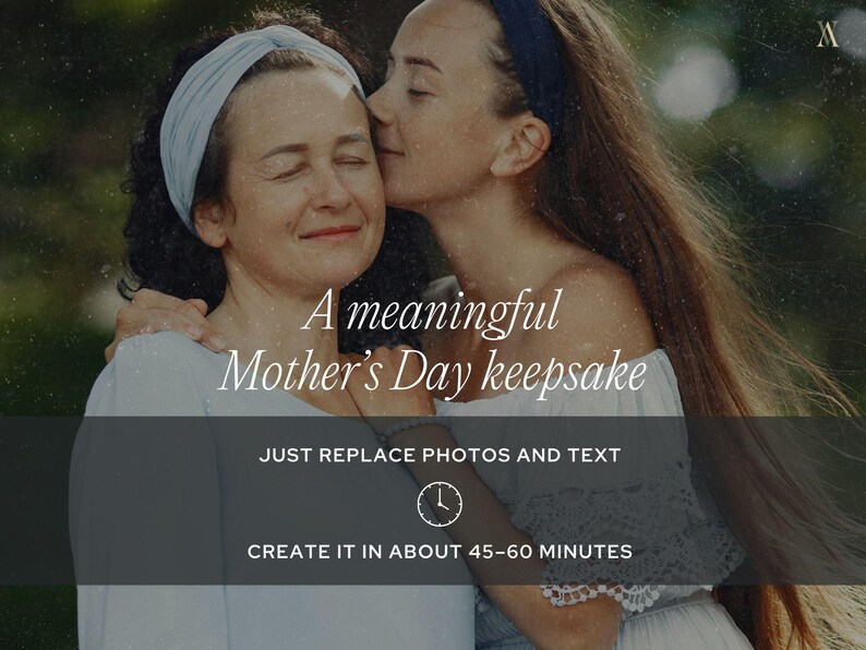 Mother and daughter embracing, with overlay text about creating a heartfelt Mother's Day magazine. The image features a mother and daughter embracing in a gentle, heartfelt moment. The text overlay highlights the ease of creating a Mother's Day keepsake magazine with customizable elements, emphasizing simplicity and personalization.