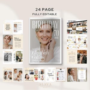 Puede incluir: Dise&ntilde;o de revista con una portada que presenta a una mujer sonriente con cabello gris. La portada dice "BIRTHDAY 70 LIMITED EDITION" con el nombre "Elizabeth Collins". P&aacute;ginas adicionales muestran art&iacute;culos y fotos.