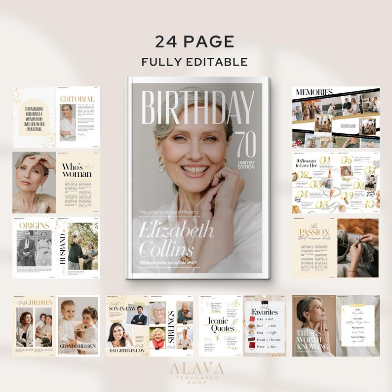 Puede incluir: Dise&ntilde;o de revista con una portada que presenta a una mujer sonriente con cabello gris. La portada dice "BIRTHDAY 70 LIMITED EDITION" con el nombre "Elizabeth Collins". P&aacute;ginas adicionales muestran art&iacute;culos y fotos.