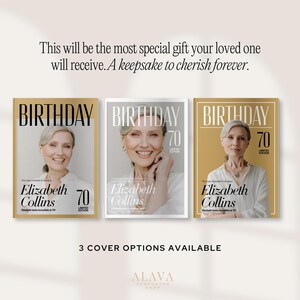 Puede incluir: Tres portadas de revista con la palabra "BIRTHDAY" en la parte superior. Cada portada presenta una foto de una mujer y el nombre "Elizabeth Collins" con el n&uacute;mero "70" y "LIMITED EDITION". El texto "3 COVER OPTIONS AVAILABLE" est&aacute; debajo de las revistas.