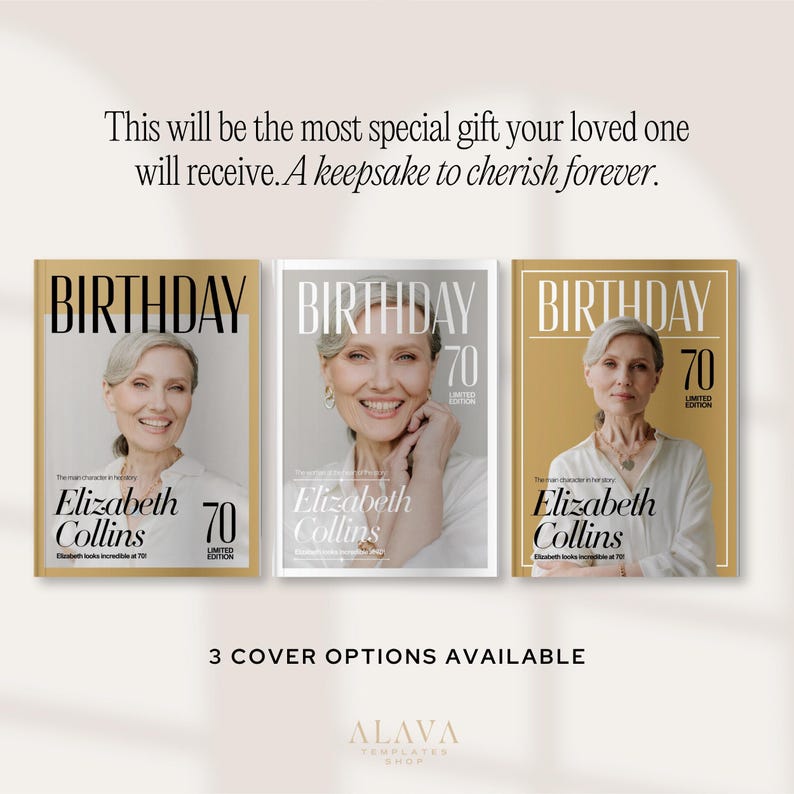Puede incluir: Tres portadas de revista con la palabra "BIRTHDAY" en la parte superior. Cada portada presenta una foto de una mujer y el nombre "Elizabeth Collins" con el n&uacute;mero "70" y "LIMITED EDITION". El texto "3 COVER OPTIONS AVAILABLE" est&aacute; debajo de las revistas.