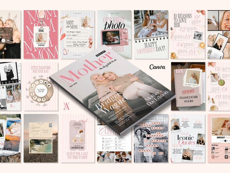 The image features a collage of magazine pages with elegant designs and heartfelt themes. It includes customizable options for family photos, quotes, and messages, all designed for Mother's Day. The layout emphasizes its digital, editable nature suitable for Canva.