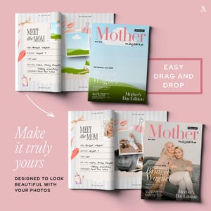 Editable Mother's Day magazine, customizable with photos, perfect for personalized mom gifts. The image features a digital Mother's Magazine with a pastel theme, showing customizable pages filled with photos and text for Mother's Day. It highlights the ease of personalization and drag-and-drop functionality within the Canva platform.